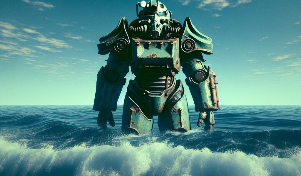 из воды выходит великан в силовой броне T из игры Fallout