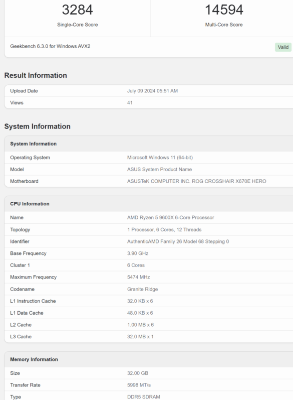 AMD Ryzen 9600X geekbench