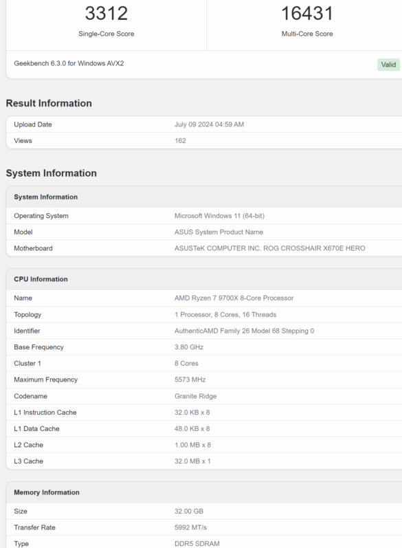 AMD Ryzen 9700X geekbench