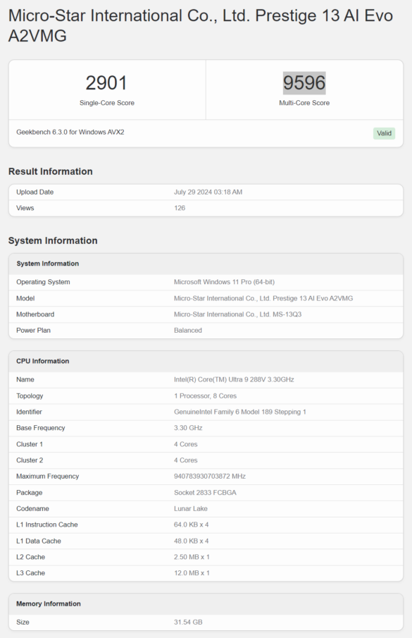 Core Ultra 9 288V geekbench