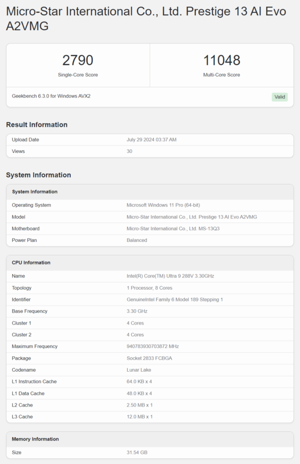 Core Ultra 9 288V geekbench