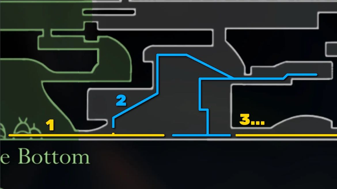 Часть карты Костяка в Hollow Knight Silksong показывающая путь по прохождению