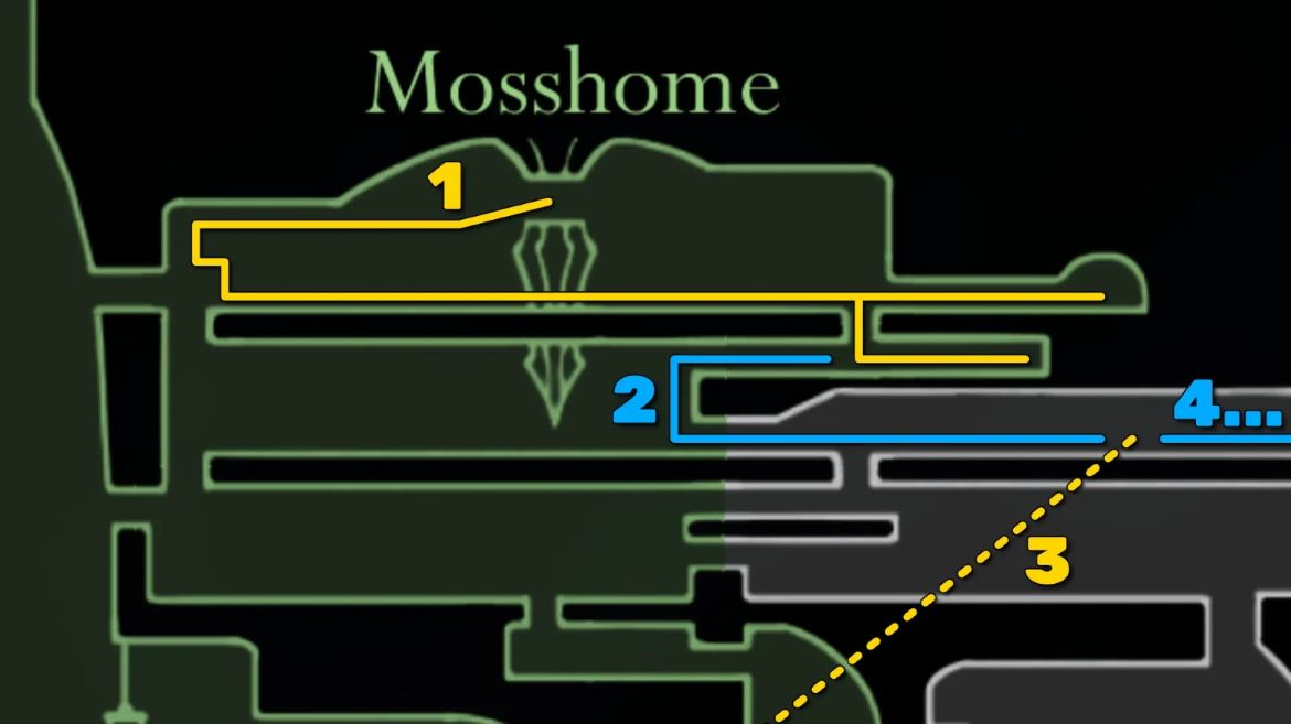 Часть карты Мохоума в Hollow Knight Silksong показывающая путь по прохождению