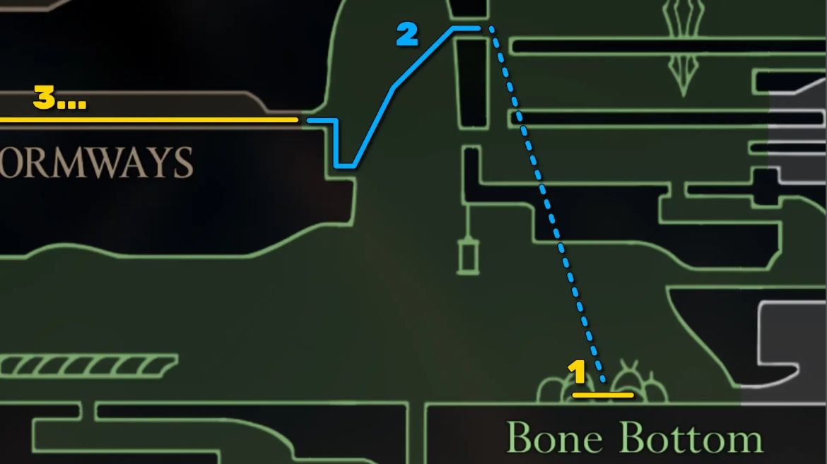 Часть карты Костяной Низины в Hollow Knight Silksong показывающая путь по прохождению