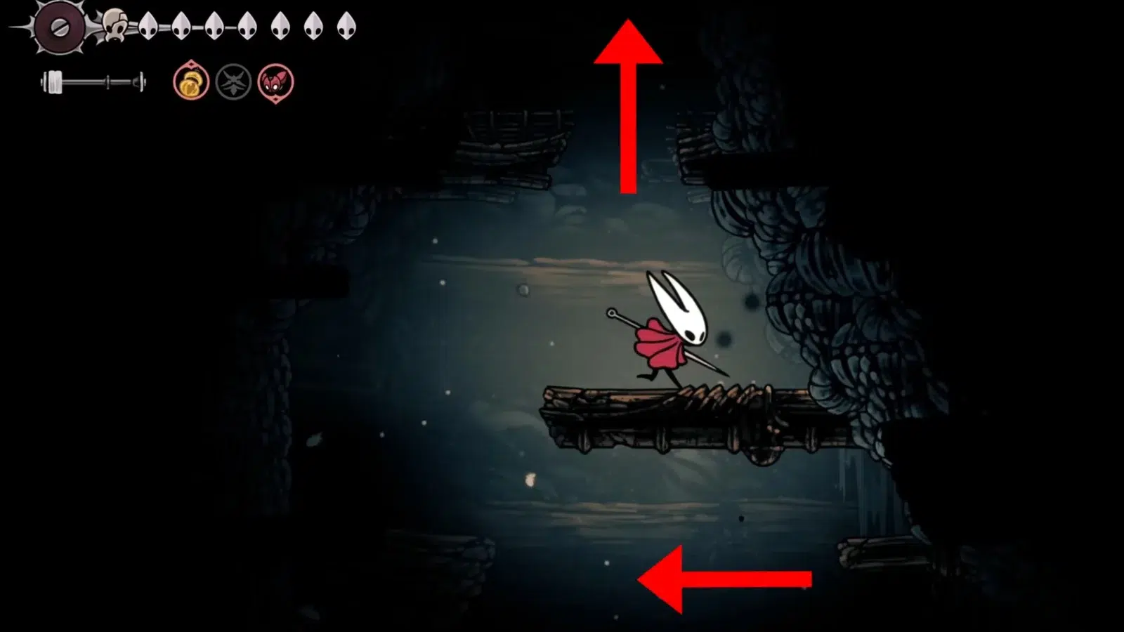 От скамьи идите влево и поднимайтесь по платформе на левой стене используя умение Цепкий Захват