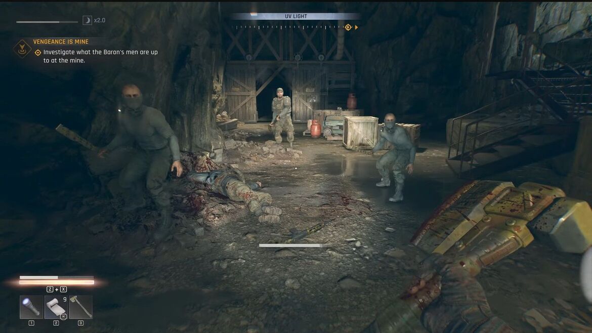 Продвигайтесь через шахту пока не наткнётесь на узел Барона с его людьми