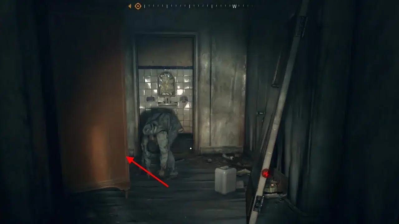 Войдите в здание и пройдите через отверстие в стене в комнату