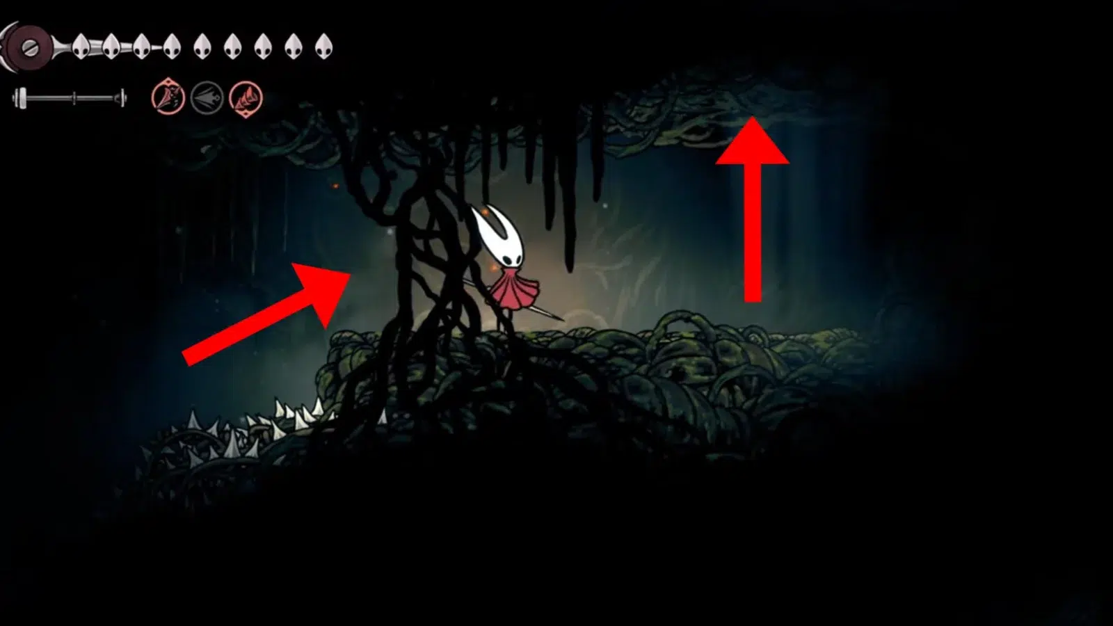 Дойдя до платформы в правом верхнем углу сломайте лианы на потолке | TrashExpertru Лианы на потолке в Hollow Knight Silksong