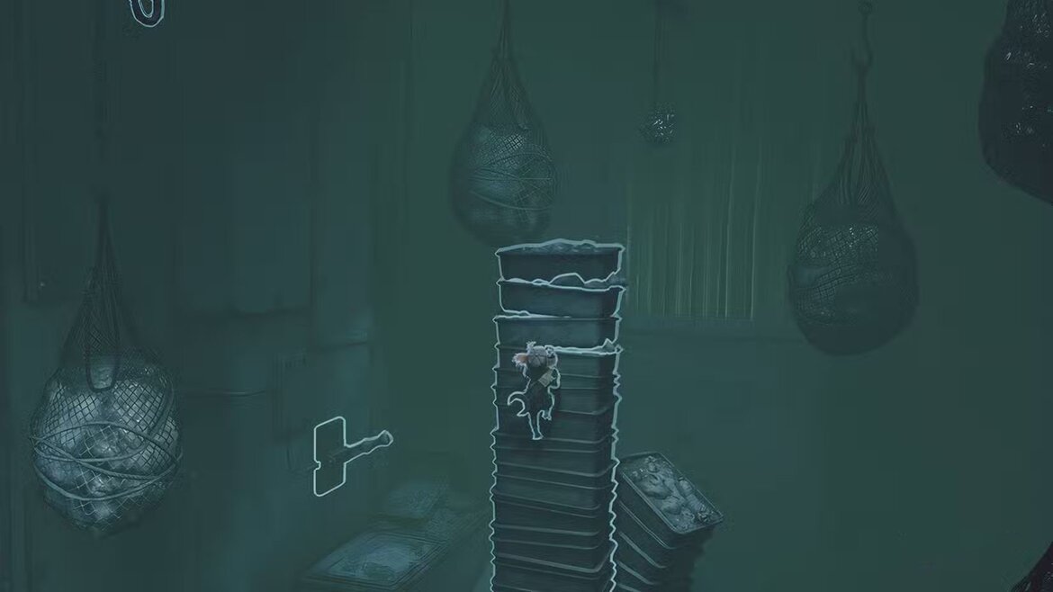 Алон взбирается на стопку подносов в Little Nightmares III