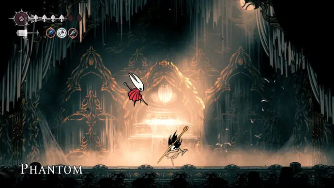 Скриншот битвы с Фантомом в Выпускном органе в Hollow Knight Silksong