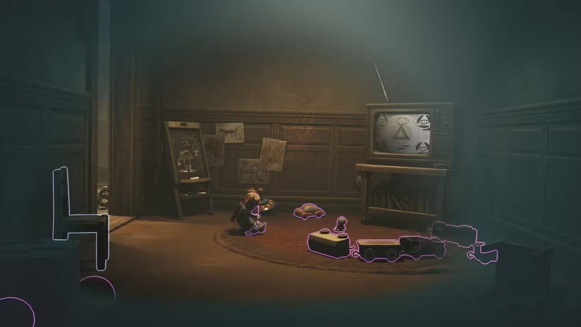 Алон стоит в яркой комнате с куклой и игрушками на полу в Little Nightmares