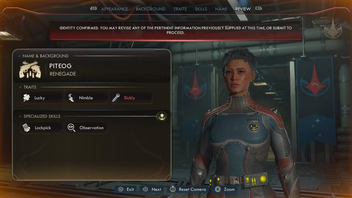 Меню создания персонажа в The Outer Worlds с выбором черт