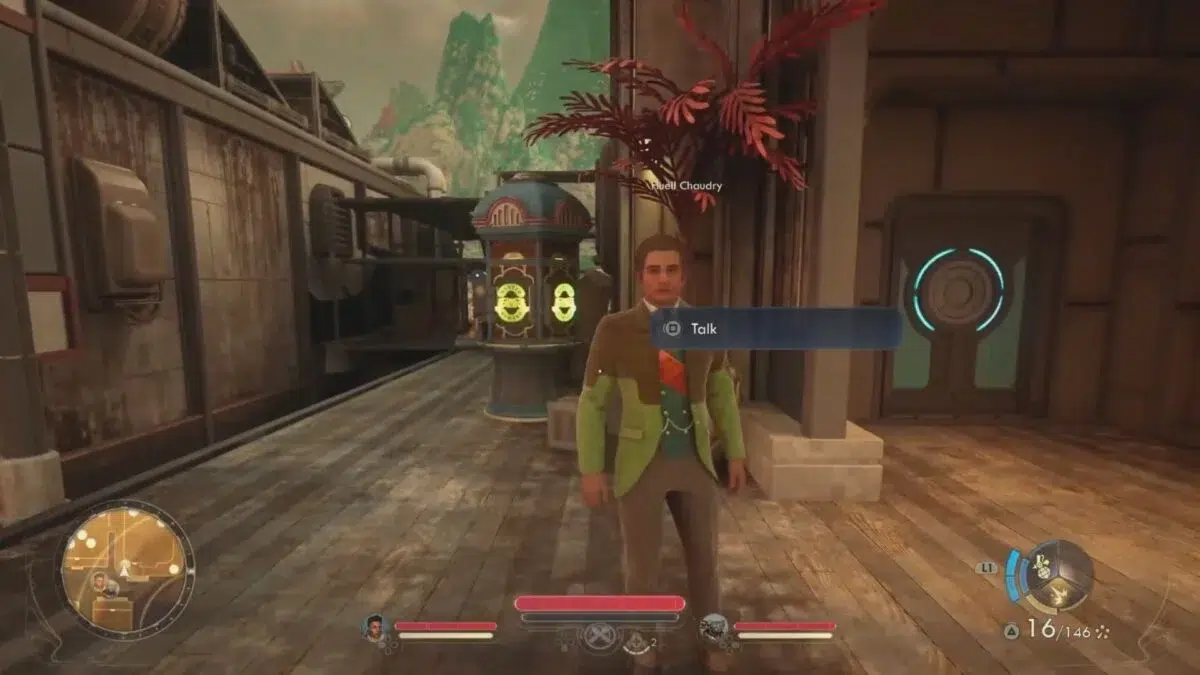 Разговор с Хьюэлом для начала квеста Опасное путешествие в рощу в The Outer Worlds 