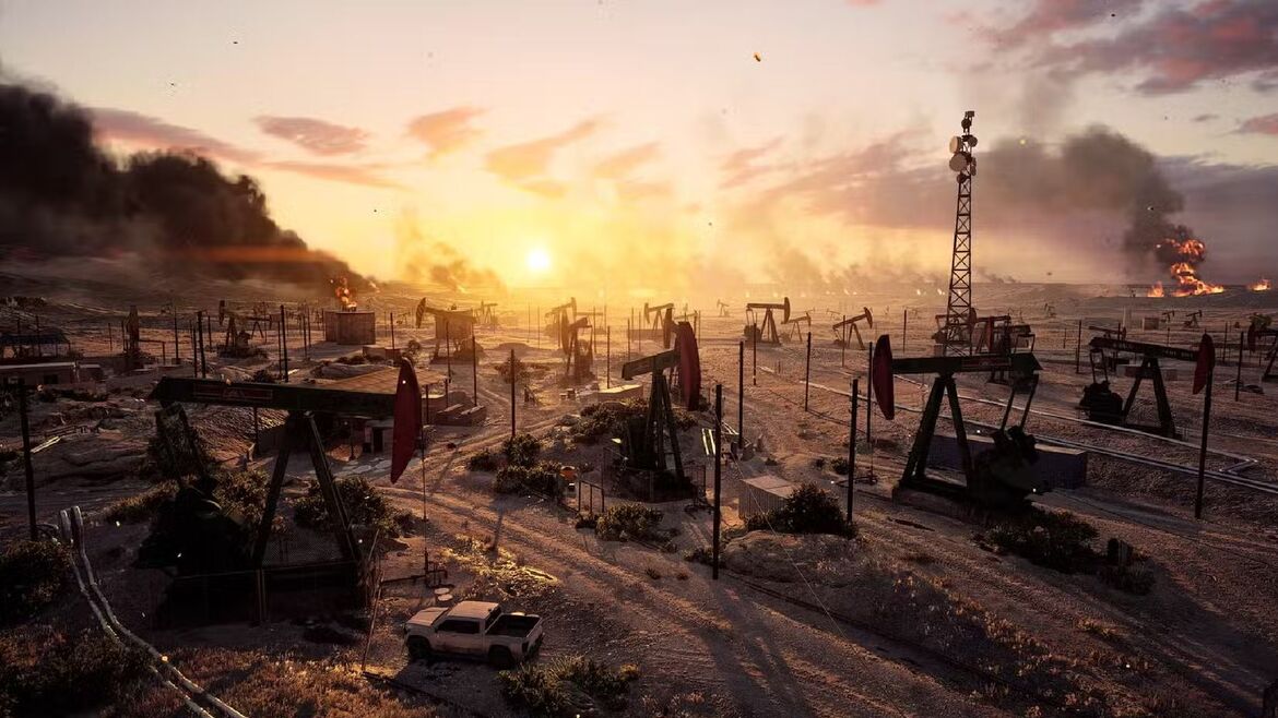 Нефтяное поле Battlefield на закате с чёрным дымом слева