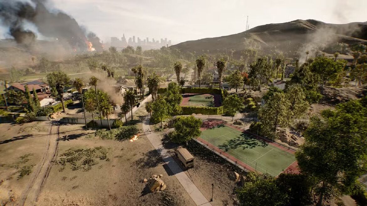 Пылающий пригород в Battlefield на закате