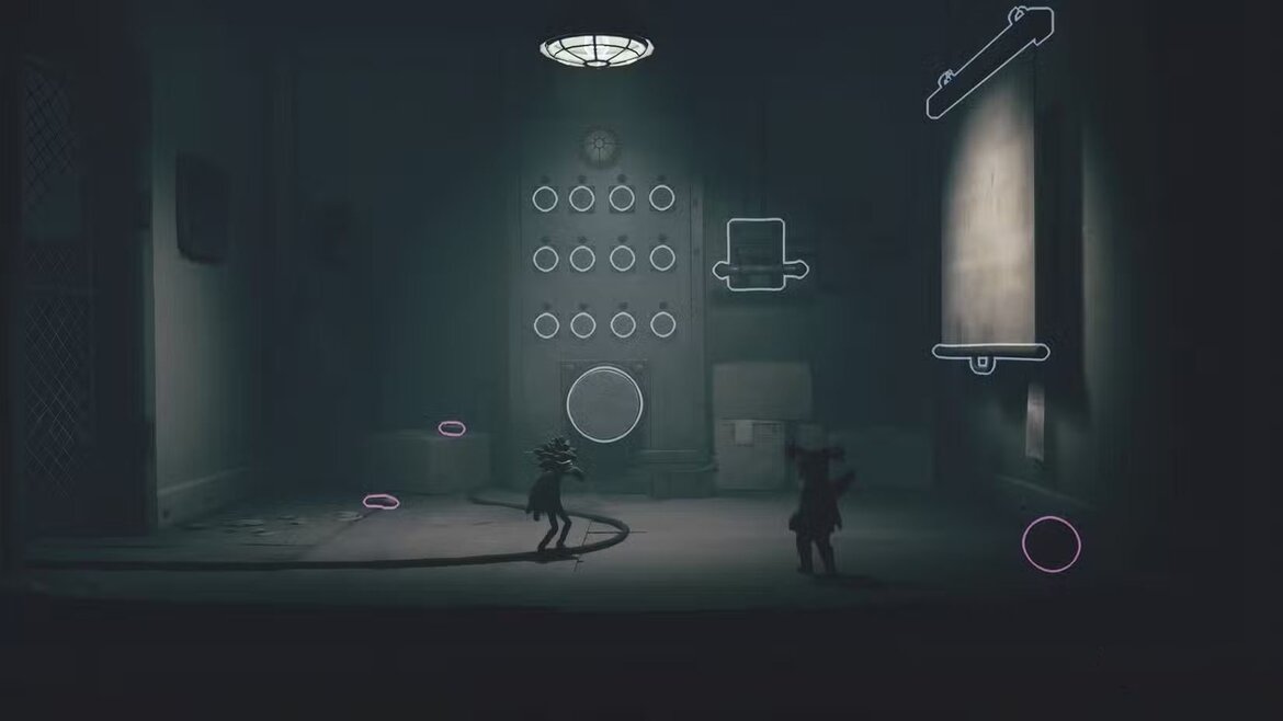 Алон и Лоу стоят в комнате с головоломкой кнопок в Little Nightmares
