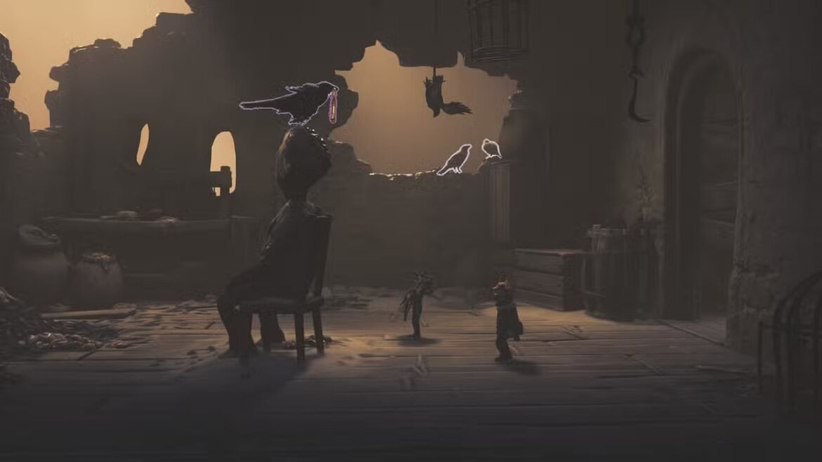 Лоу стреляет в ворона, держащего ключ, в Little Nightmares III