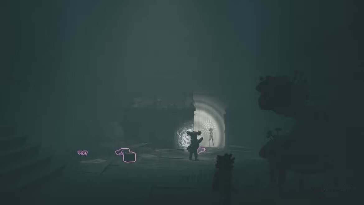 Алон светит фонариком на призрака перед солнцем в Little Nightmares