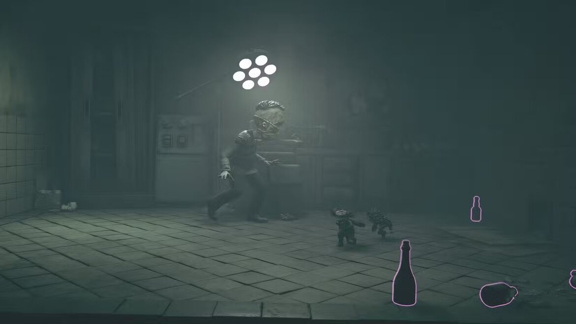 Лоу и Алон крадутся мимо слепого доктора в Little Nightmares