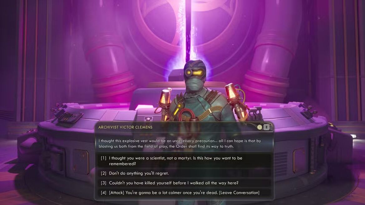 Экран диалога с Виктором Клеменсом в квесте Дискретная математика в The Outer Worlds