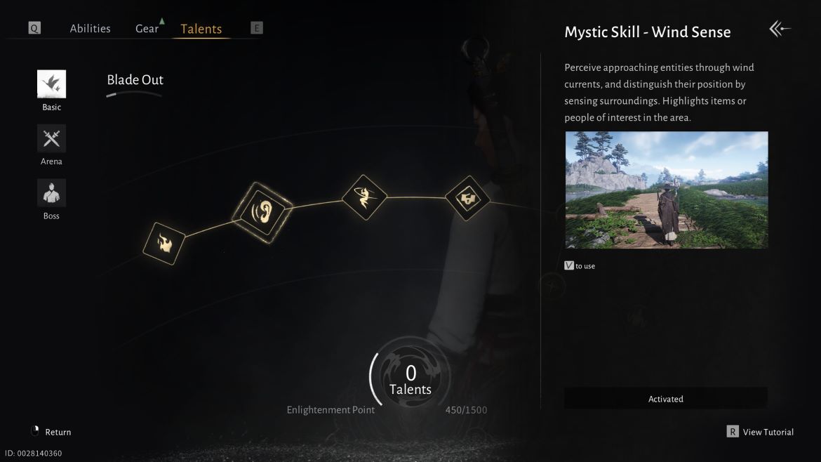 Второй узел в меню Таланты активирует способность Чувство Ветра