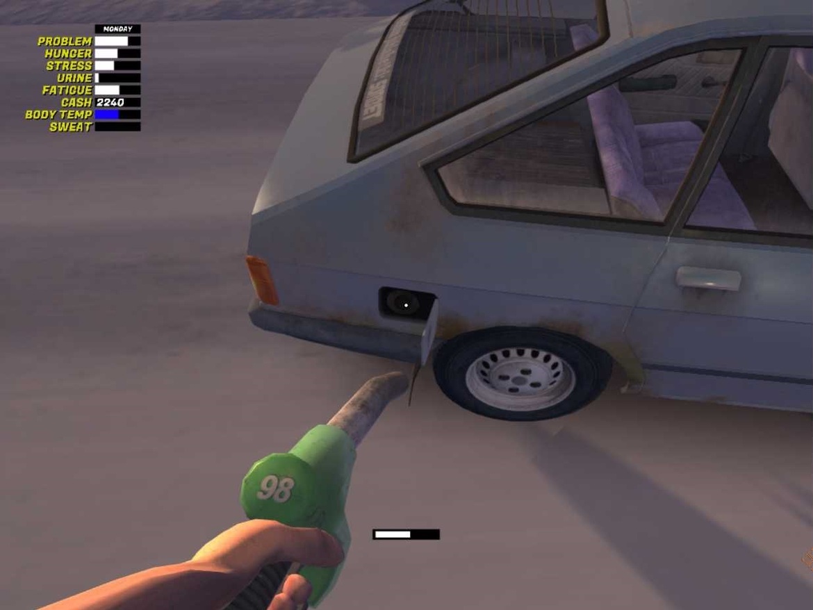 Возьмите зелёный заправочный пистолет и вставьте его в открытую горловину бака