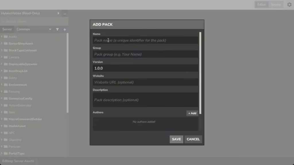 Откройте редактор ассетов и создайте пакет модов