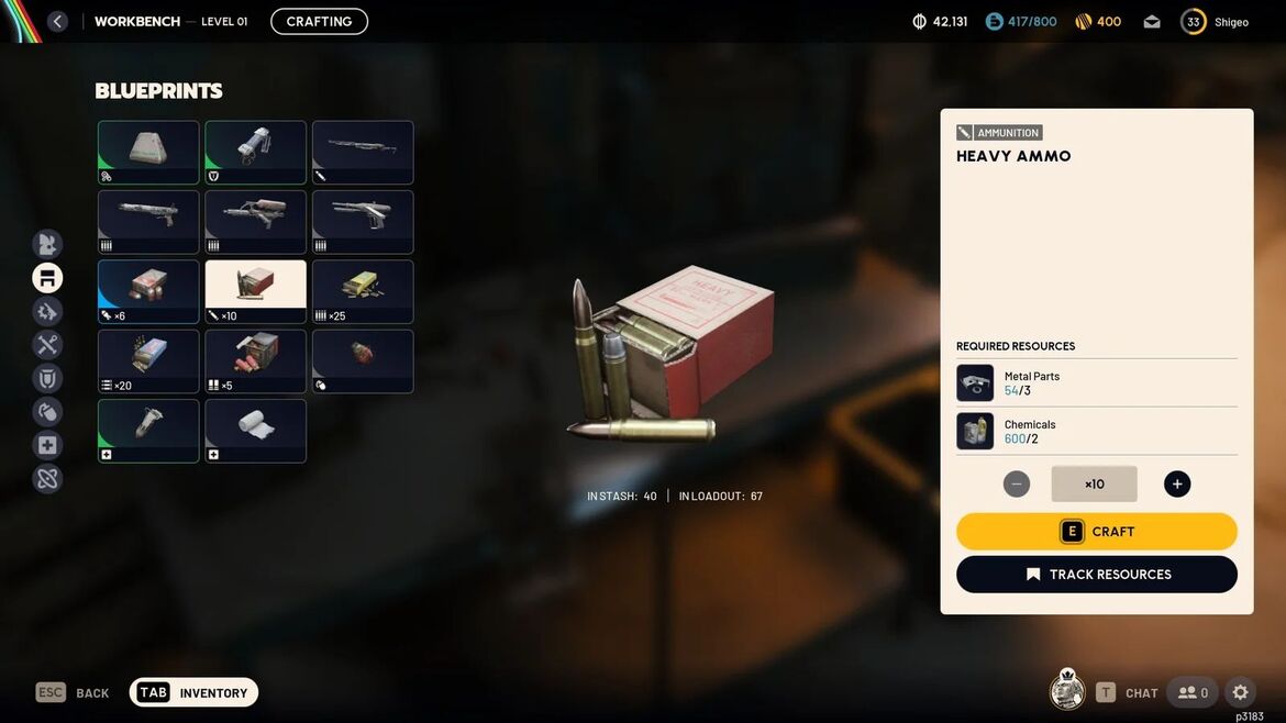 Для крафта патронов требуется 3 металлические детали и 2 химиката