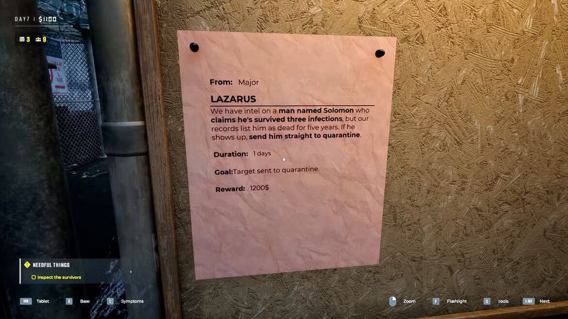 Плакат квеста Лазарь на доске объявлений Quarantine Zone