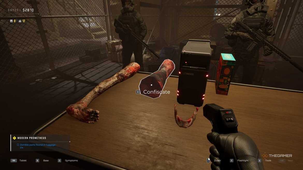 Конфискация частей зомби из рюкзака в Quarantine Zone