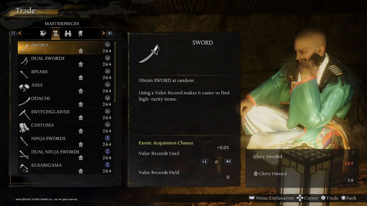 Меню создания Шедевров в Nioh 3