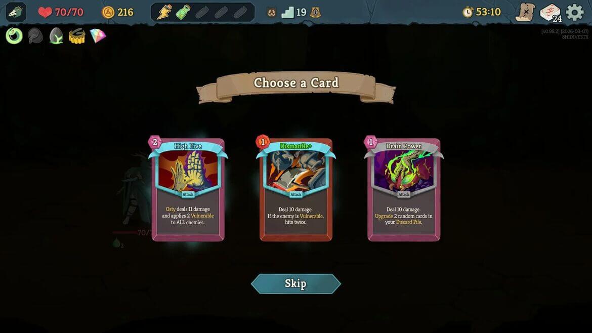Экран выбора наградных карт в Slay the Spire 2
