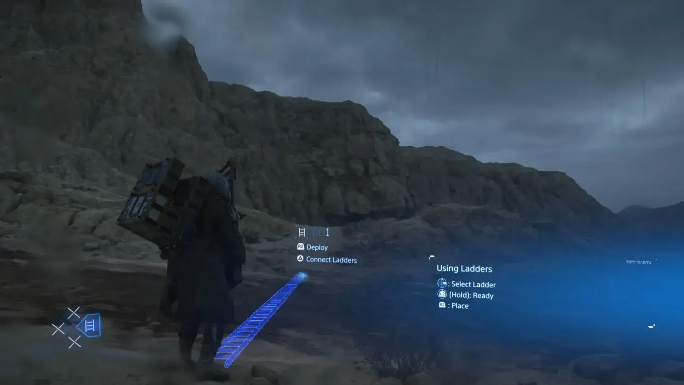 Сэм использует лестницу чтобы пересечь реку в Death Stranding 2 Сэм использует лестницу чтобы пересечь реку в Death Stranding 2