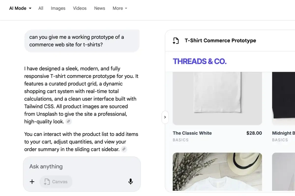 Google Search AI Mode научился собирать прототипы приложений в Canvas