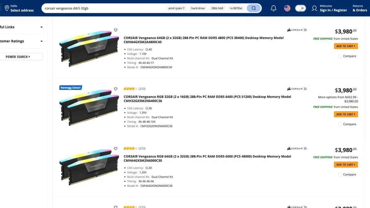 Изображение к статье: Цены на DDR5 на Newegg внезапно взлетели до $3 980 за комплект