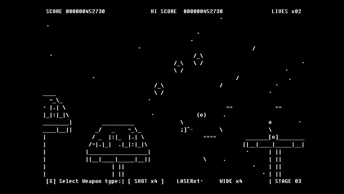 Изображение к статье: В Steam выйдет ASCII-ремейк Gradius: шутер с «скриншотами» в .TXT