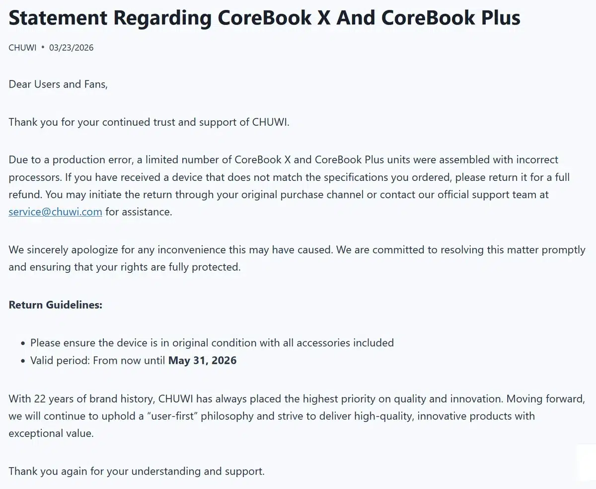 Изображение к статье: Chuwi извинилась за подмену Ryzen в CoreBook X и обещала возврат
