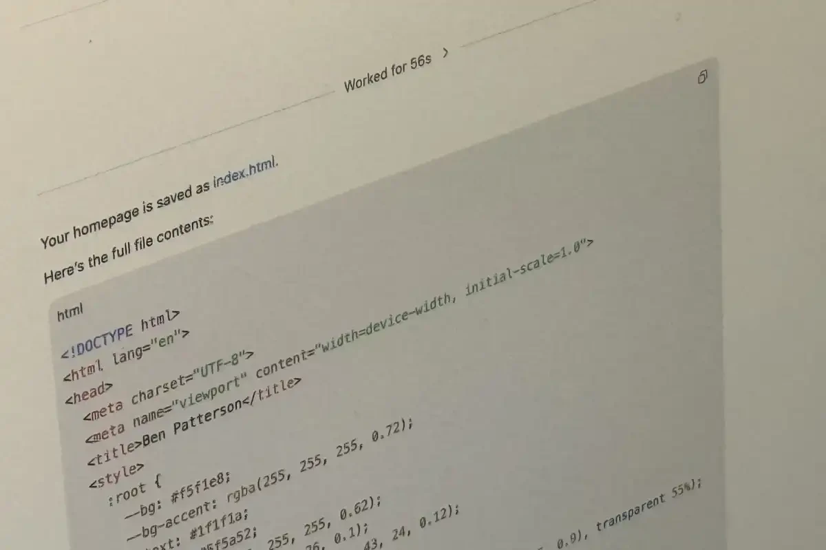 Изображение к статье: OpenAI Codex за минуту собирает личную страницу в одном index.html