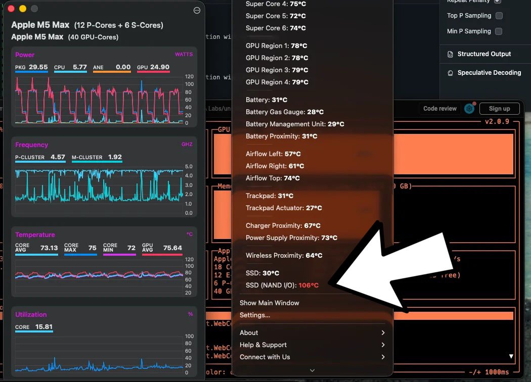 Изображение к статье: У M5 Max MacBook Pro SSD греется до 106&deg;C под AI-нагрузкой