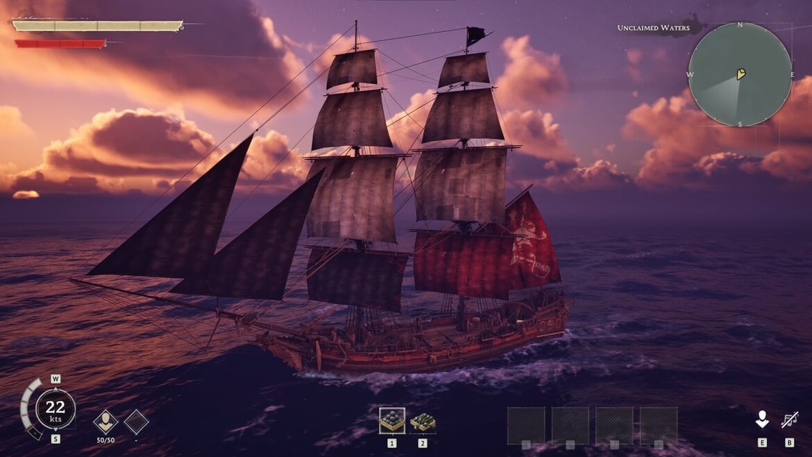 Galleon style wooden sailing ship with dark sails gliding on a purple sunset sea in game HUD shows compass speed and minimap