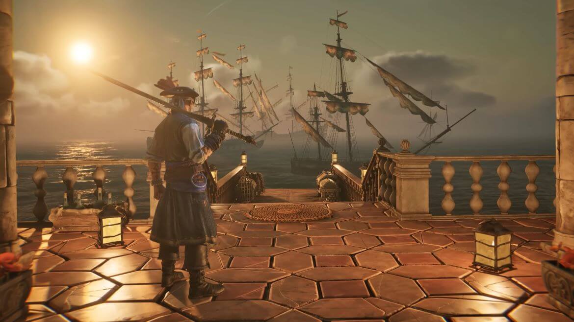 Pirate in period clothing stands on a sunlit terrace watching tall masted ships at sea at sunset