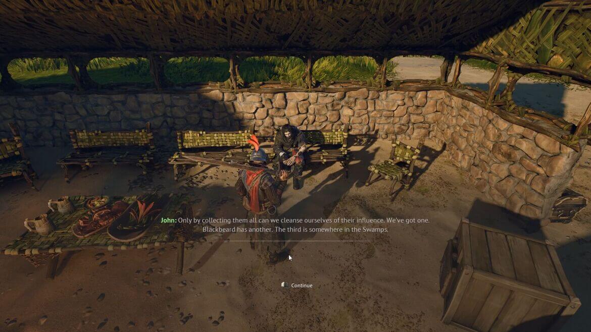 Two characters sit and talk in a rustic stone walled shelter with wooden benches and a thatched roof as a dialogue line appears on screen