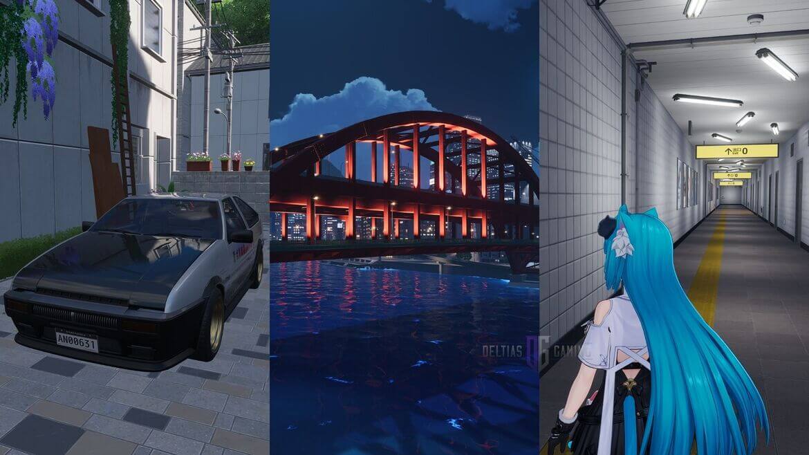 Triptych collage a vintage car parked in a narrow alley with vines and planters a night time red arched bridge over water and a blue haired anime character in a subway corridor