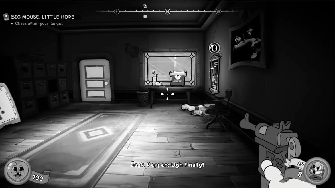 Black and white cartoon shooter scene player aims a gun from the right toward a desk with a monitor and window in a dim room