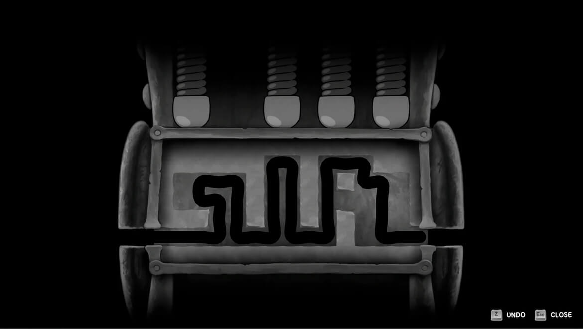 Grayscale image of a mechanical device with a bold maze like path carved on a metal panel set against a black background