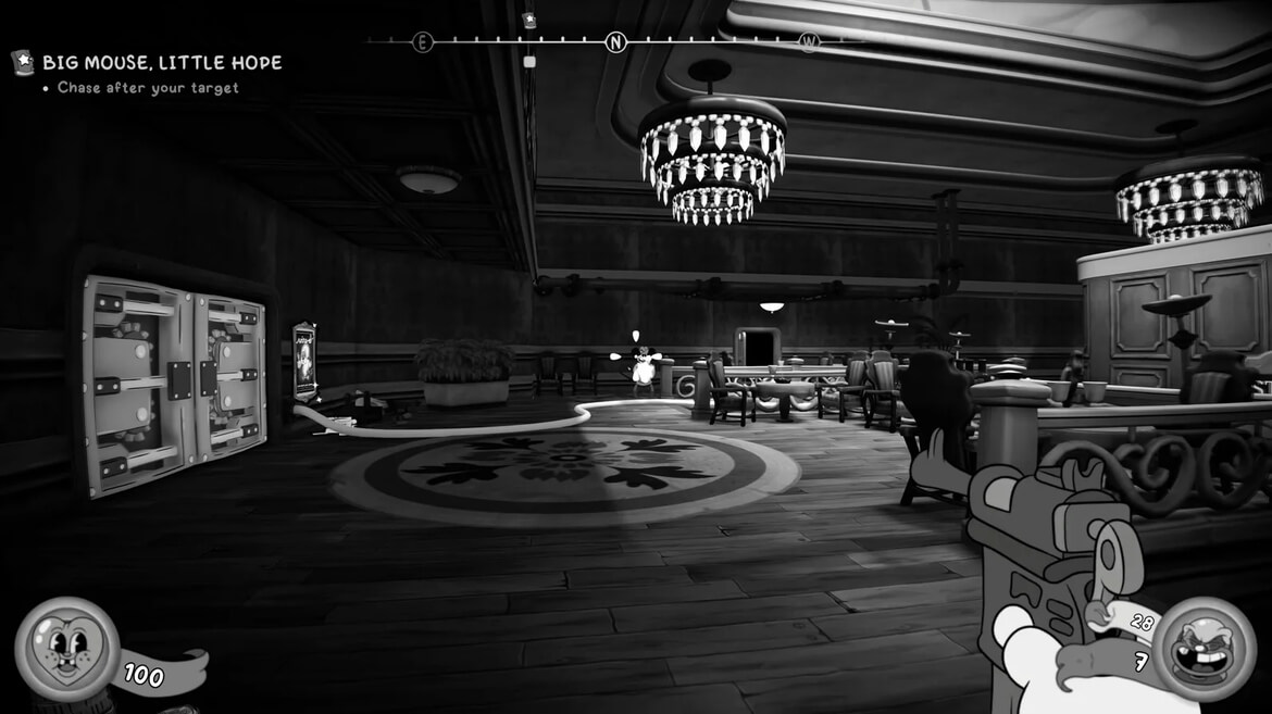 Black and white first person shooter scene in a casino lounge player aims a cartoon gun with health HUD and mission text Chase after your target See chandeliers and tables in the background