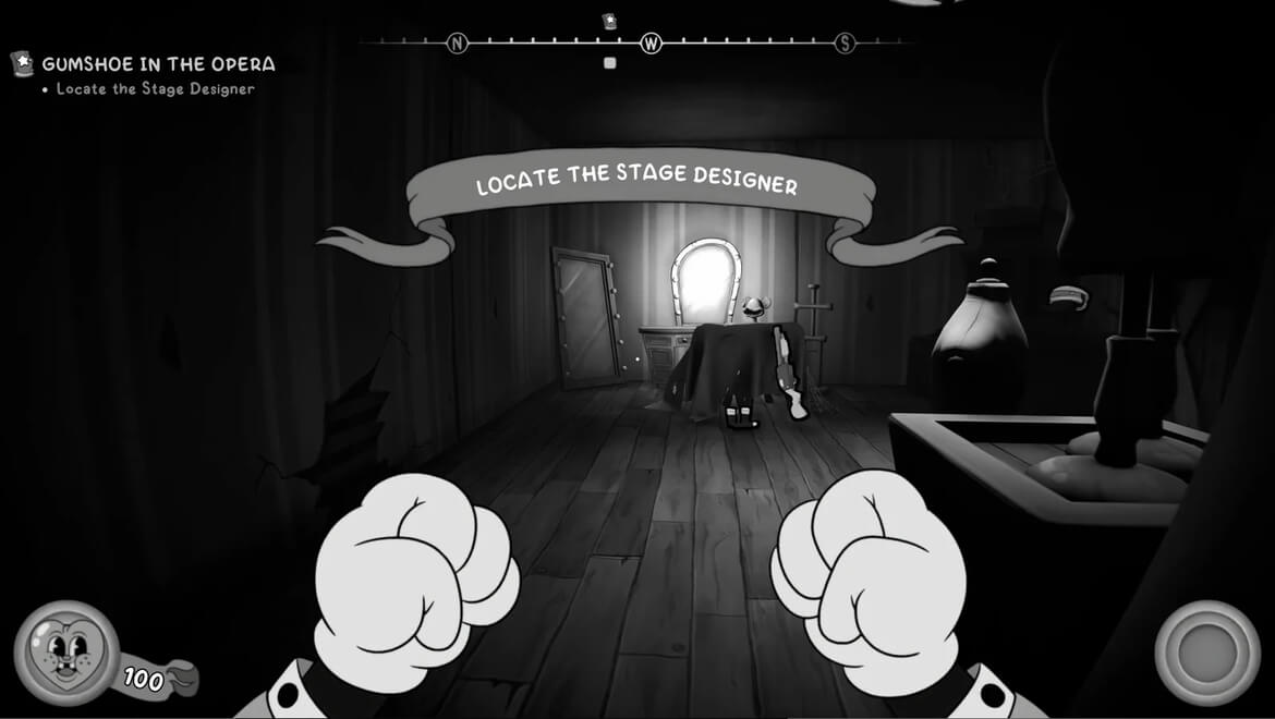 First person cartoon game view with clenched fists in the foreground objective Locate the Stage Designer on a banner in a dim room