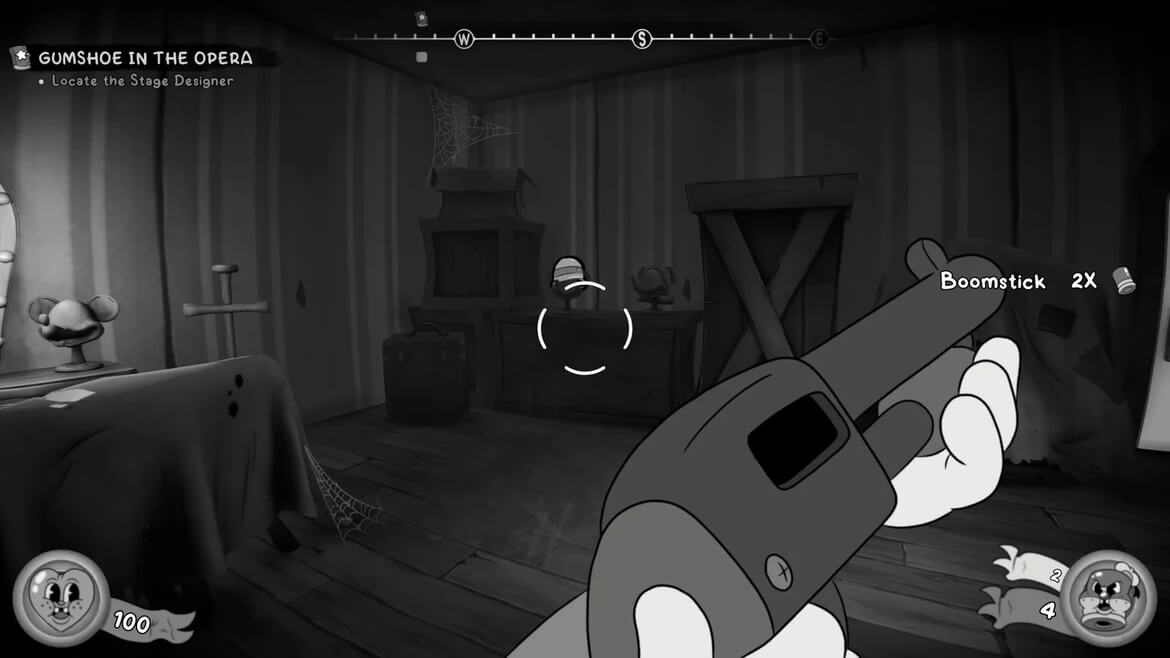 First person view aiming a revolver at a small figure in a dark spooky room game HUD shows health and ammo icons