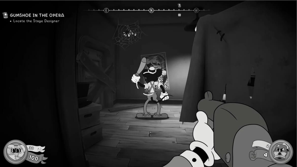 Player aims a pistol at a cartoon mouse holding a bat in a dark theater room mission text in the top left reads GUMSHOE IN THE OPERA Locate the Stage Designer informative game screenshot