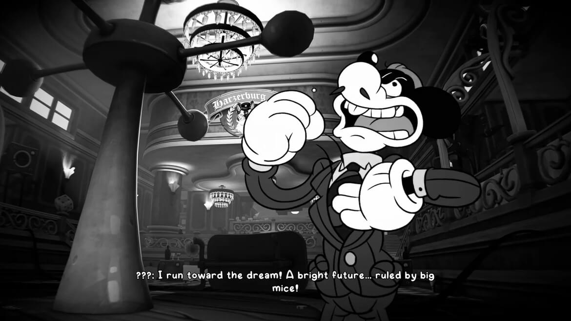 Black and white cartoon mouse in a tuxedo striking a pose in an ornate club subtitle I run toward the dream A bright future ruled by big mice